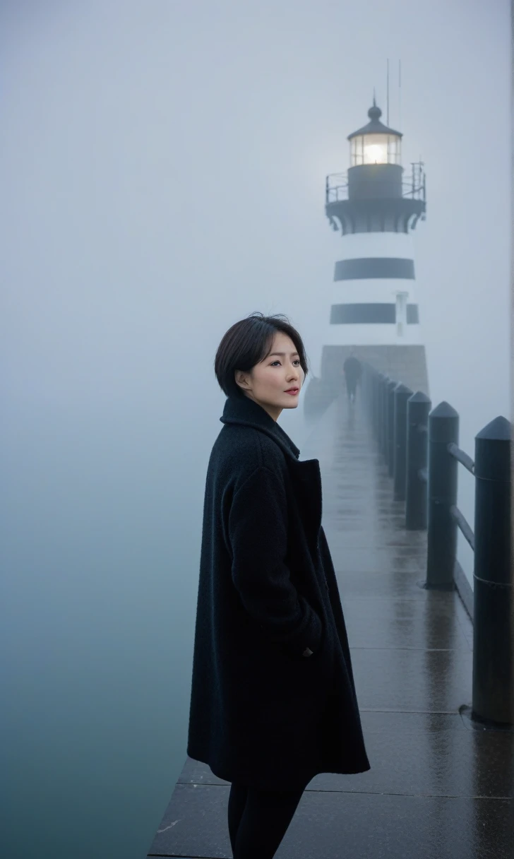 Beautiful 36-year-old Korean woman, Short hair, black coat, 멀리 Fog속 lighthouse, cool,rain,blur,Fog,middle,cool,boring,,pier,Only,lighthouse,Coast, The dim light shines in the Fog,and the figure stands in the Fog holding . Full body shot with Canon camera 16-35 wide angle lens, It's getting dark and it's a little dark.