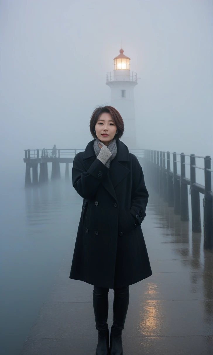 Beautiful 36-year-old Korean woman, Short hair, black coat, 멀리 Fog속 lighthouse, cool,rain,blur,Fog,middle,cool,boring,,pier,Only,lighthouse,Coast, The dim light shines in the Fog,and the figure stands in the Fog holding . Full body shot with Canon camera 16-35 wide angle lens, It's getting dark and it's a little dark.
