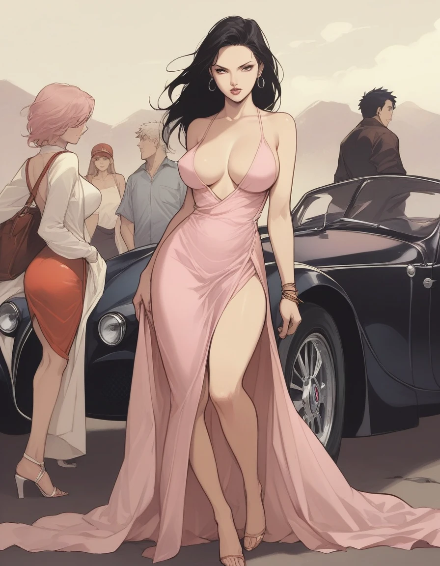 em uma rua iluminada com uma Bugatti atrás Illustration in styles of Harrison Fisher, Jeremy Mann, Alexandre Cabanel, and Tomer Hanuka, of a stunningly beautiful lady sexy big big tits decote em V Angelina jolie girl Power fênix + Hinata Naruto clad in an long dress, em seus pés with the contradiction of men's sandália, atmosphere that balances the delicate and the rugged, soft pastel hues for the dress pink yellow Red contrasting their sturdy, leather exterior, textures that interplay tone as if at