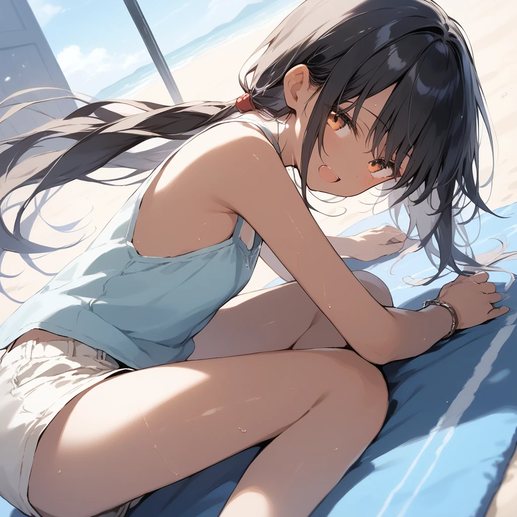 score_9, score_8_up, score_7_up, source_anime, best quality, masterpiece, official art, absurdres, highres, ultra-detailed,waifu2x,Collection: Slice of Life,break,1girl, tomboy, dark-skinned female, short hair, low ponytail, flat chest, beautiful detailed eyes, short shorts, sweat, open mouth, (yawn:0.3), sleepily, outdoors, wind,break,(clear line illustration:1.2), super detailed skin,very high resolution, very aesthetic, Best sexual lighting powered by famous artist, 8k,cute picture,beauty illustration,photoshop_(medium),,(Detailed Lighting),best anime 8k konachan wallpaper, pixiv contest winner,