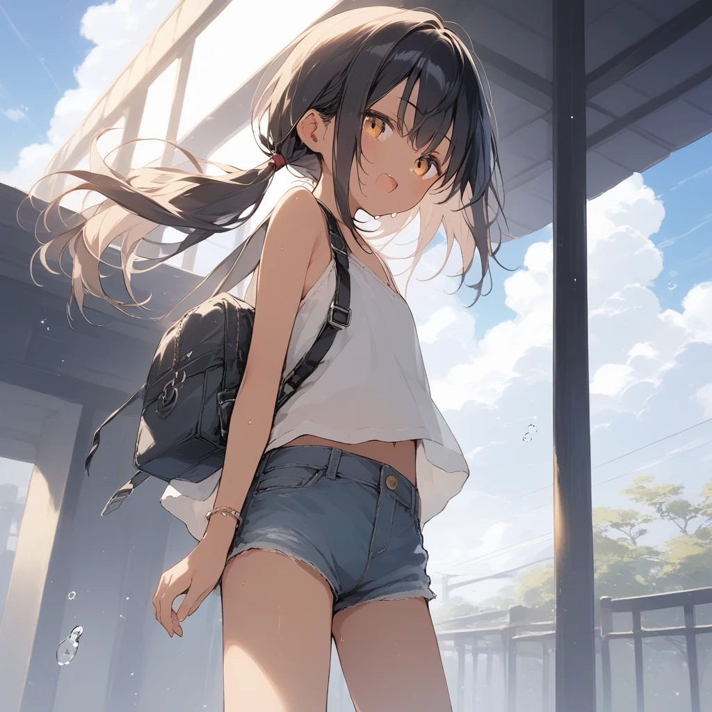 score_9, score_8_up, score_7_up, source_anime, best quality, masterpiece, official art, absurdres, highres, ultra-detailed,waifu2x,Collection: Slice of Life,break,1girl, tomboy, dark-skinned female, short hair, low ponytail, flat chest, beautiful detailed eyes, short shorts, sweat, open mouth, (yawn:0.3), sleepily, outdoors, wind,break,(clear line illustration:1.2), super detailed skin,very high resolution, very aesthetic, Best sexual lighting powered by famous artist, 8k,cute picture,beauty illustration,photoshop_(medium),,(Detailed Lighting),best anime 8k konachan wallpaper, pixiv contest winner,