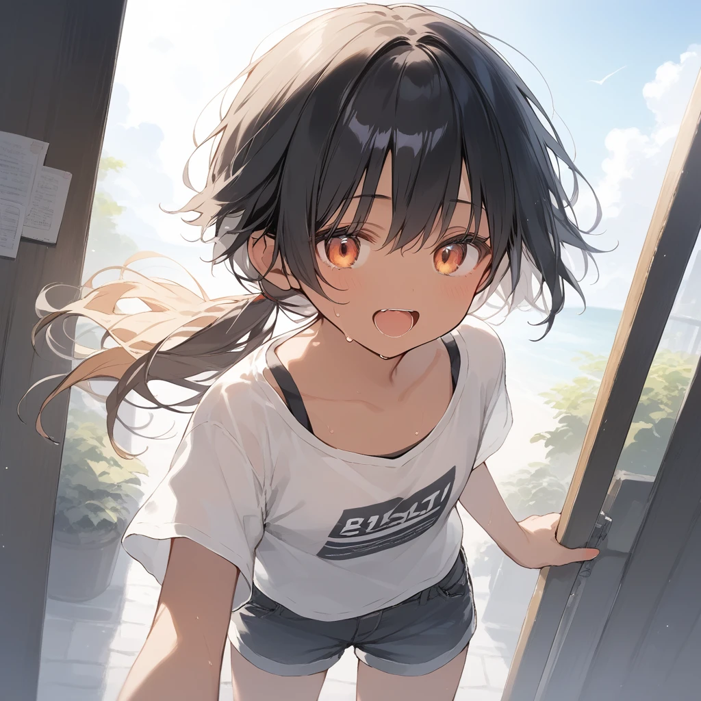score_9, score_8_up, score_7_up, source_anime, best quality, masterpiece, official art, absurdres, highres, ultra-detailed,waifu2x,Collection: Slice of Life,break,1girl, tomboy, dark-skinned female, short hair, low ponytail, flat chest, beautiful detailed eyes, short shorts, sweat, open mouth, (yawn:0.3), sleepily, outdoors, wind,break,(clear line illustration:1.2), super detailed skin,very high resolution, very aesthetic, Best sexual lighting powered by famous artist, 8k,cute picture,beauty illustration,photoshop_(medium),,(Detailed Lighting),best anime 8k konachan wallpaper, pixiv contest winner,