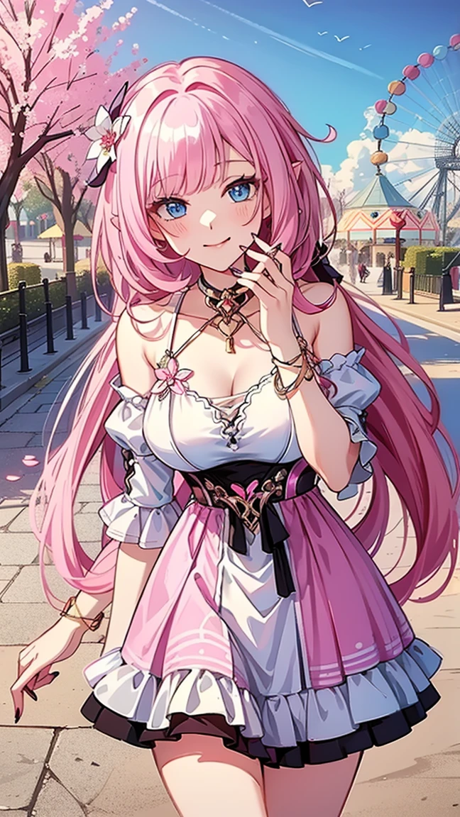 Masterpiece, Super Detail, High Quality, 8K, top quality, one girl, alone, looking at viewer, bangs, elisia, honkai impact, pink hair, light blue eyes, long hair, manicure, hair ornament, (((pink summer dress))), holding up hand, flower, blunt bangs, charming smile, tassel, colorful, amusement park background, ruffles, multi colored hair, ((Above the knees image standing)), nails
