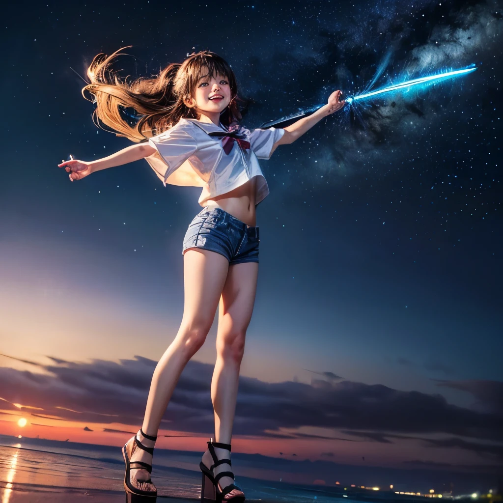 ((ExtremelyDetailed ( KAWAII Girl flying with Jet blade:1.37) in WHITE at Dusk Enoshima Beach)), (masterpiece 8K TopQuality) (ProfessionalPhoto:1.37), {(Standing Full Body:1.2)|(from below:1.2)}, Different types of hair colors, {(White skinny(School Swimwear))|(SchoolUniform with micro shorts)}, {Detailed Childish hand|Hidden hand|Armpit|Different types of breasts of various sizes from HUGE to FLAT|(Clearly Visible the shape of Butt)}, Joyful Expressions LifeLike Rendering, PerfectLighting, Dazzling Horizon, (Starry IridescentParticles:1.32) ColorfulClouds