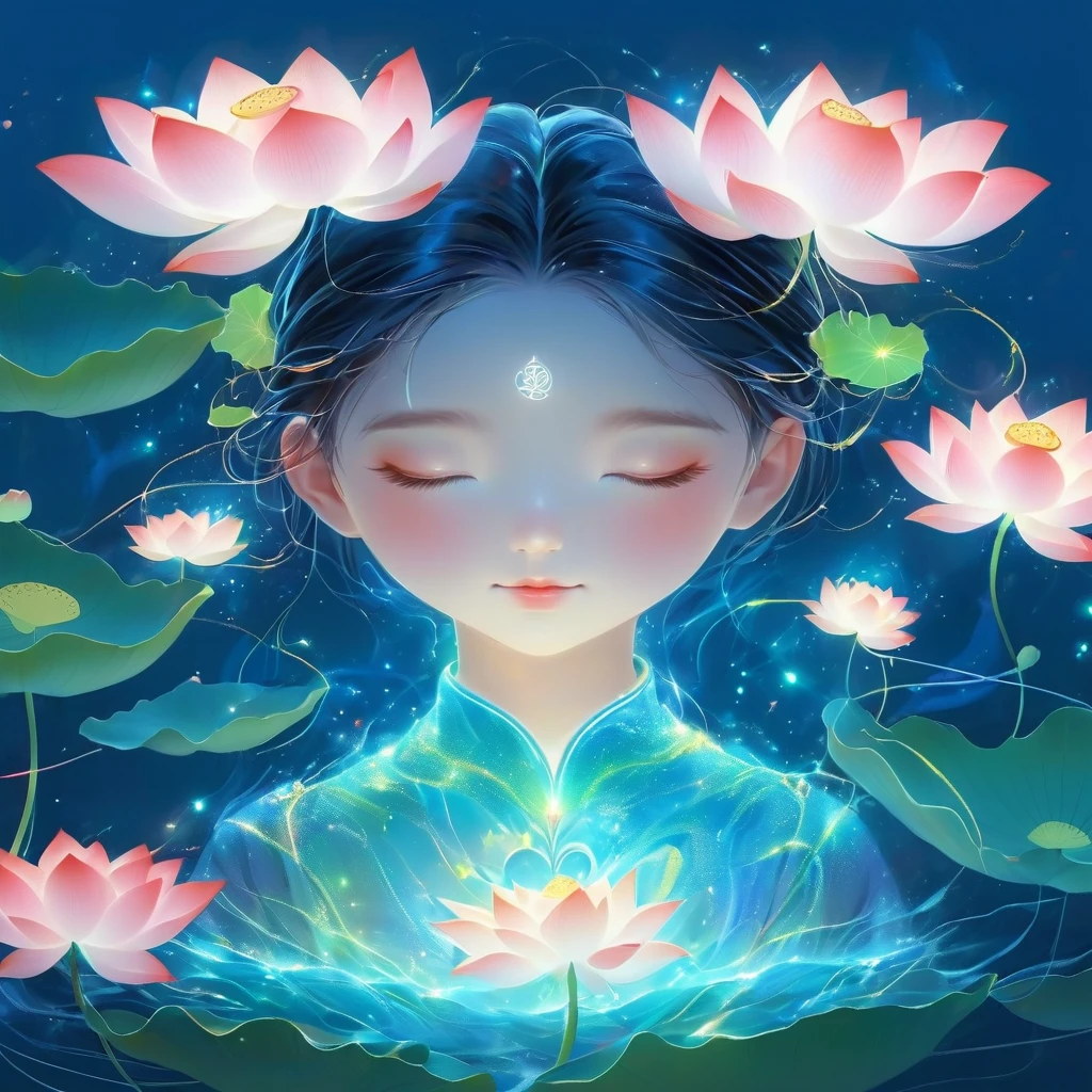 (masterpiece, best quality:1.2), digital art style, charming illustration,Peace pictures，1 boy, Wearing lotus on head，alone，body glow，glowing line，fluorescence,Luminous example，Tracking example，flash，萤light particles，backlight，translucent，light particles，correct human anatomy，