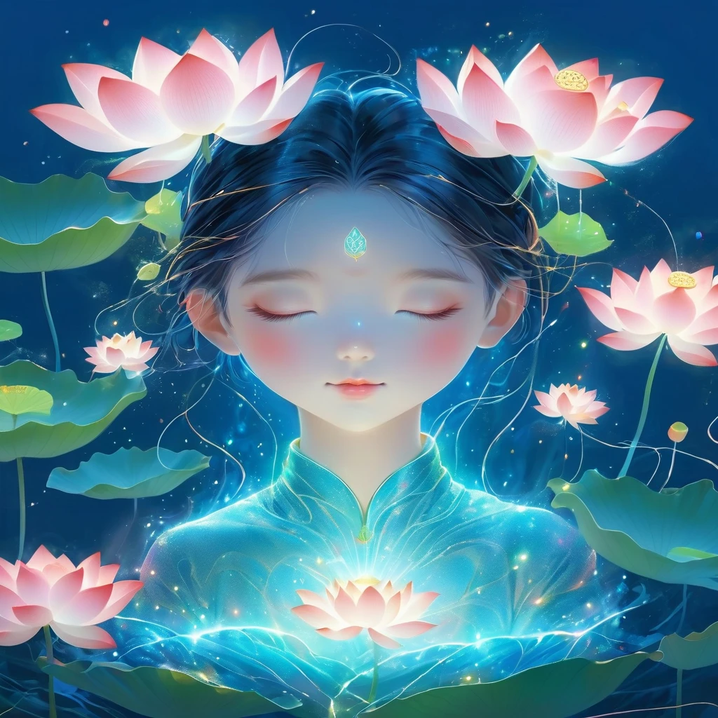(masterpiece, best quality:1.2), digital art style, charming illustration,Peace pictures,1 boy, Wearing lotus on head,alone,body glow,glowing line,fluorescence,Luminous example,Tracking example,flash,萤light particles,backlight,translucent,light particles,correct human anatomy,