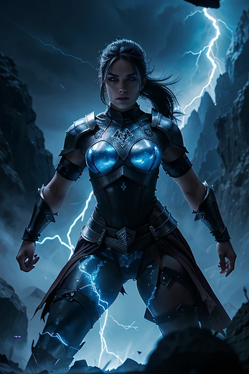 evil beautiful and muscular, Nordic female, towering storm Giantess with blue black hair in a ponytail, older and mature woman, throwing a lightning ball, glowing tattoos, wearing steel runic plate mail Armour , temple cave background with lightning storm, glowing blue eyes, square jaw, powerful and imposing, winter clothing