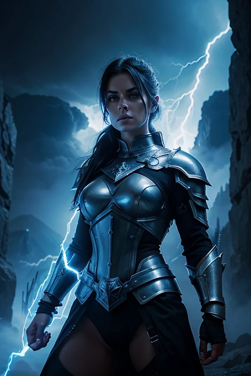 evil beautiful and muscular, Nordic female, towering storm Giantess with blue black hair in a ponytail, older and mature woman, throwing a lightning ball, glowing tattoos, wearing steel runic plate mail Armour , temple cave background with lightning storm, glowing blue eyes, square jaw, powerful and imposing, winter clothing