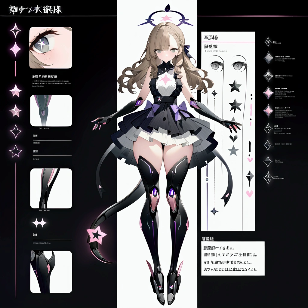 Woman 170cm tall, medium chest, wide hip, slim build, standard forward facing pose. (((character design sheet: Full body front view))). (Dark blonde hair, (hip-length wavy hair with asymmetrical bangs), She has a short braid tied with an elegant purple bow on the left side of her hair above her chest. She has a short braid tied with an elegant purple bow on the right side of her hair above her chest. She has small ribbons in the back of her hair.). ((Gray eyes with a pink 4-pointed star in the pupil)). Two black and purple serval ears located on the top of the head. Luminous black halo with purple star patterns above his head. black necklace with a heart emblem on the neck. (Elegant one-piece long dress with lace and ruffle skirt, ribbon decorations and star patterns on the dress). black gloves, beautiful black platform heels. gray belt at the waist with a large ribbon with a luminous pink heart in the middle. (It has a complex succubus tail with a small purple star at the tip). ((It has complex mechanical legs that reach up to the thighs and are black with small purple details.)). beautiful detailed hair, beautiful detailed dress. extremely detailed arms. extremely detailed face, small face, Beautiful detailed eyes, beautiful detailed lips. adorable. extremely detailed legs. (Best Quality, 4k, high resolution), ultra detailed, Exquisite and epic character art, ((White background)).