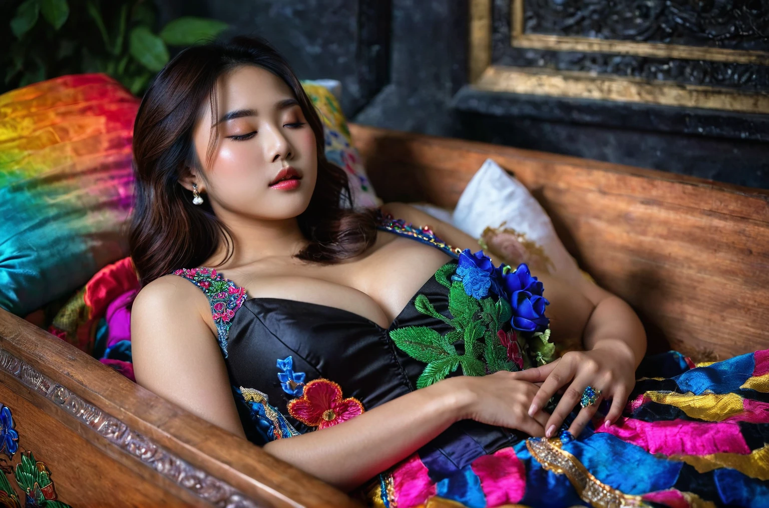In a striking 8K HDR scene, a stunning Korean woman, 22 years old, lies peacefully in a colorful coffin surrounded by plush pillows. The deep box is set against a rich black background, accentuating the beauty of the subject. Her exquisite kebaya with sleeve attire is embroidered with superb detail, showcasing her round and firm breasts, perfect cleavage, and beautiful eyebrows. Her closed eyes and mouth give an air of serenity, while her visible and absolute cleavage leave nothing to imagination. The scene is bathed in saturated colors, highlighting every intricate aspect from the ball skirt to her clean face, straight body, detailed hand perfect hands, straight body.