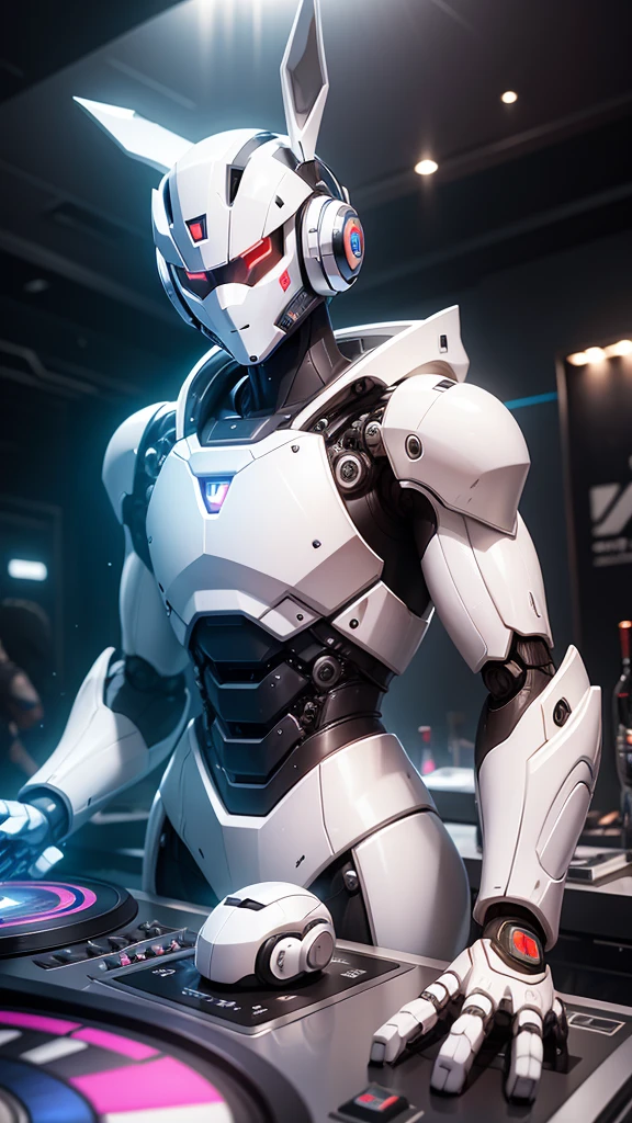 robot rabbit, White color, male gender, portrait photo style, non-human, in a club, playing on a turntable,
