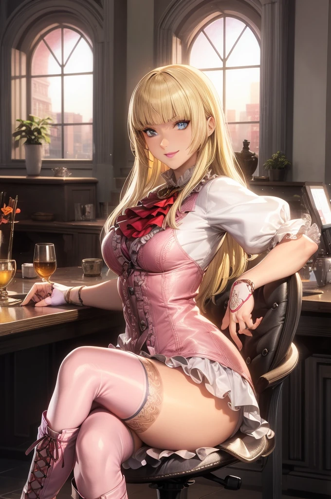 perfect eyes:1.2, detailed eyes:1.4, Emilie T8, blunt bangs, blue eyes, long hair, blonde hair, thighhighs, lace-up boots, pink frilled dress, frilled ascot, fingerless gloves, smile, red eyeshadow:1.2, makeup:1.2, cowboy shot, 1girl, solo, (masterpiece:1.6, best quality), 8k, insane details, intricate details, hyperdetailed, hyper quality, high detail, ultra detailed, professional, HDR, ray tracing reflection, cinematic lighting,