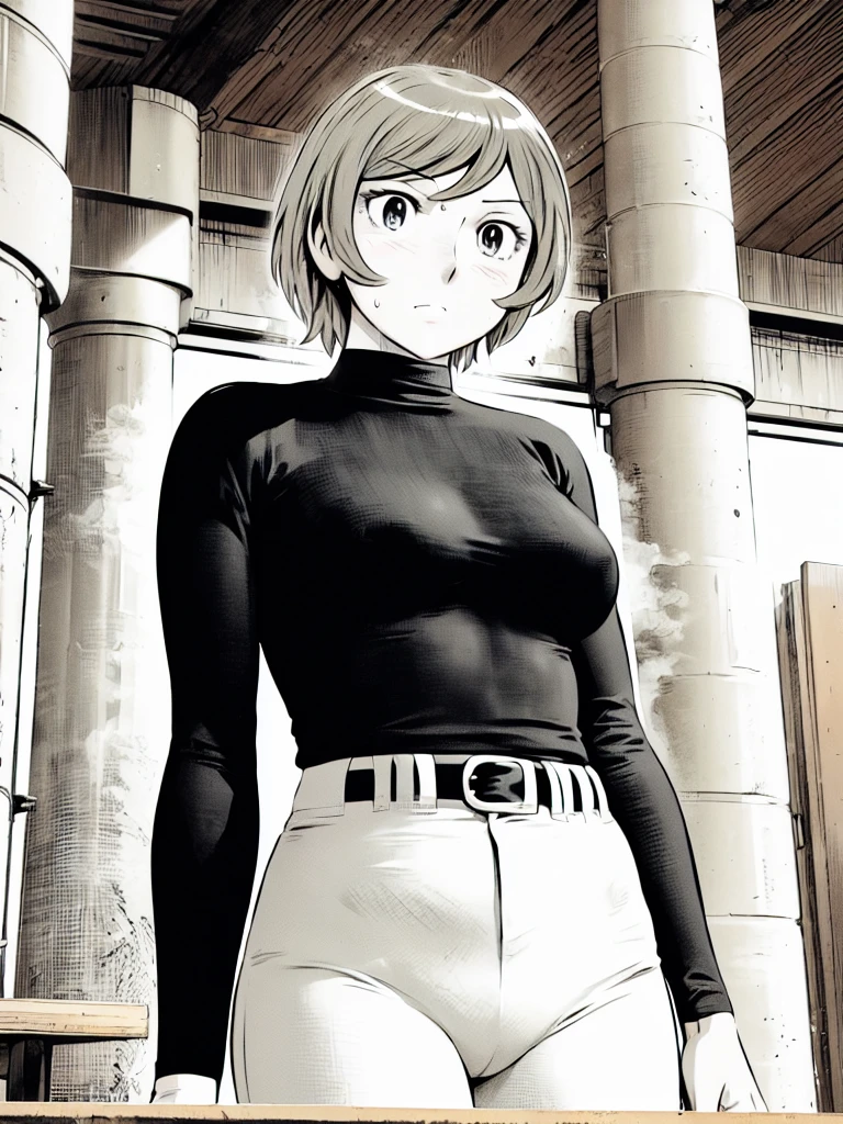 (野球uniform:1.2),
blonde, (short hair:1.2),Long sleeve, Black Shirt, turtleneck,White trousers、uniform、Black belt、((Illustration of a person))、big 、Muddy、Soil stains、ドロドロのuniform、
View your audience,, (Highest quality:1.3),One Girl, White pants、uniform、Outdoor、baseball ground、ground、soil、blue eyes、Tight black shirt、(masterpiece、Highest quality)、Highest quality, Ultra-high resolution, (((masterpiece))), alone, Sweat、big eyes、big Breasts、Torn clothes、 Fully exposed、Nipples、One Girl, Front view、Embarrassed face、Bronze colored hair、((short hair))、Stand up straight、Cowboy Shot