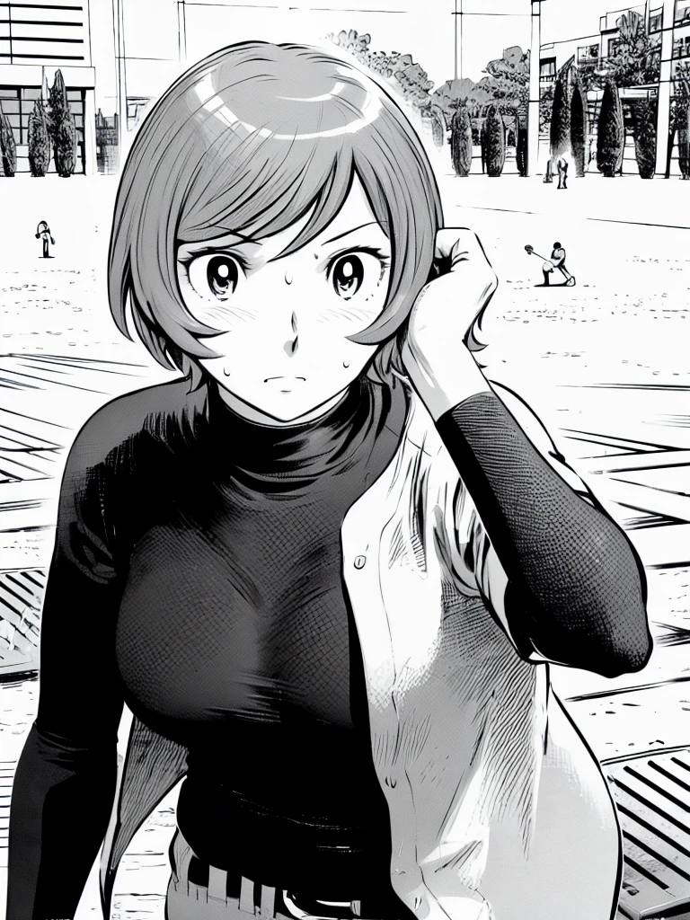 (野球uniform:1.2),
blonde, (short hair:1.2),Long sleeve, Black Shirt, turtleneck,White trousers、uniform、Black belt、((Illustration of a person))、big 、Muddy、Soil stains、ドロドロのuniform、
View your audience,, (Highest quality:1.3),One Girl, White pants、uniform、Outdoor、baseball ground、ground、soil、blue eyes、Tight black shirt、(masterpiece、Highest quality)、Highest quality, Ultra-high resolution, (((masterpiece))), alone, Sweat、big eyes、big Breasts、Torn clothes、 Fully exposed、Nipples、One Girl, Front view、Embarrassed face、Bronze colored hair、((short hair))、Stand up straight、Cowboy Shot