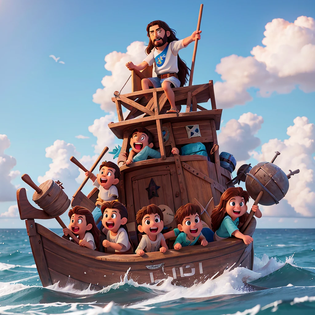 illustration Jesus and disciples 10 years on the boat childlike appearance environment rough sea beach storm 3d style Disney pixar kids realistic cinematic