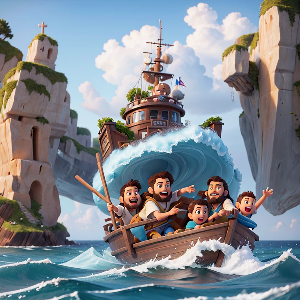 illustration Jesus and disciples 10 years on the boat childlike appearance environment rough sea beach storm 3d style Disney pixar kids realistic cinematic