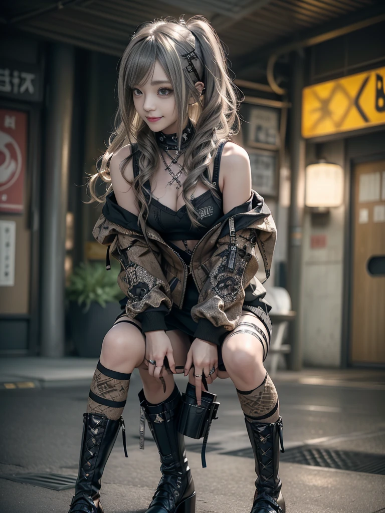 (Smiling with teeth showing:1.3),(Shibuya Gal:1.5)、(Underground idol costume:1.5)、(Neo-goth fashion:1.5)、(Punk RockVisual Kei:1.5)、(An off-the-shoulder hoodie in khaki and brown with delicate silver accessories.:1.5)、(A corset with a delicate beige and brown design:1.4)、(Dark grey, khaki and brown snakeskin bodysuit:1.5)、(Snake print headband:1.3)、(Beige and charcoal knee socks:1.4)、Embellished collar and long boots、(I&#39;m selling snake print underwear.:1.4)、(Long eyelashes:1.3)、(20-year-old)、((Highest quality、8k、masterpiece:1.3))、1 Female、Slim and beautiful abs:1.3、(hairstyle casual、Beautiful boobs:1.1)、(Doing an aerobics pose:1.3)、dress:1.1、Super small face、Narrow eyes、double eyelid、A sloppy smile、Esbian all over body、Dynamic Angle、Close-up、CPL Filter、Blurred Background、Bokeh、Blue Hour、Detailed face and skin texture、Detailed eyes、,(Twin tails:1.3)、(Black brown hair:1.3)、Gravure idol、(The background is a glamorous dance hall:1.3)、(Make your legs thinner:1.4)、(Slim Body:1.3)、(clavicle:1.1)