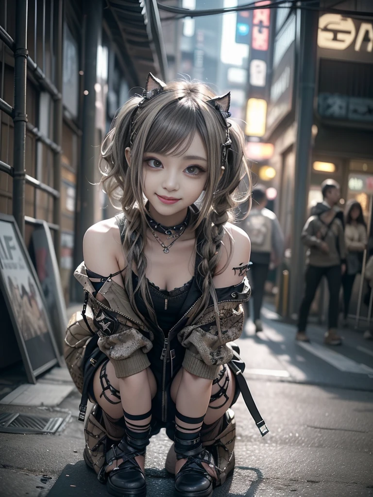 (Side view:1.1)、(Smiling with teeth showing:1.3),(Shibuya Gal:1.5)、(Beautiful:1.5)、(Neo-goth fashion:1.5)、(Punk RockVisual Kei:1.5)、(An off-the-shoulder hoodie in khaki and brown with delicate silver accessories.:1.5)、(A corset with a delicate beige and brown design:1.4)、(Dark grey, khaki and brown snakeskin bodysuit:1.5)、(Snake print headband:1.3)、(Beige and charcoal knee socks:1.4)、Embellished collar and long boots、(I'm selling snake print underwear.:1.4)、(Long eyelashes:1.3)、(20-year-old)、((Highest quality、8k、masterpiece:1.3))、1 Female、Slim and beautiful abs:1.3、(hairstyle casual、Beautiful boobs:1.1)、(Doing an aerobics pose:1.3)、dress:1.1、Super small face、Narrow eyes、double eyelid、A sloppy smile、Esbian all over、Dynamic Angle、Close-up、CPL Filter、Blurred Background、Bokeh、Blue Hour、Detailed face and skin texture、Detailed eyes、,(Twin tails:1.3)、(Black brown hair:1.3)、Gravure idol、(The background is a glamorous dance hall:1.3)、(Make your legs thinner:1.4)、(Slim body:1.3)、(clavicle:1.1)