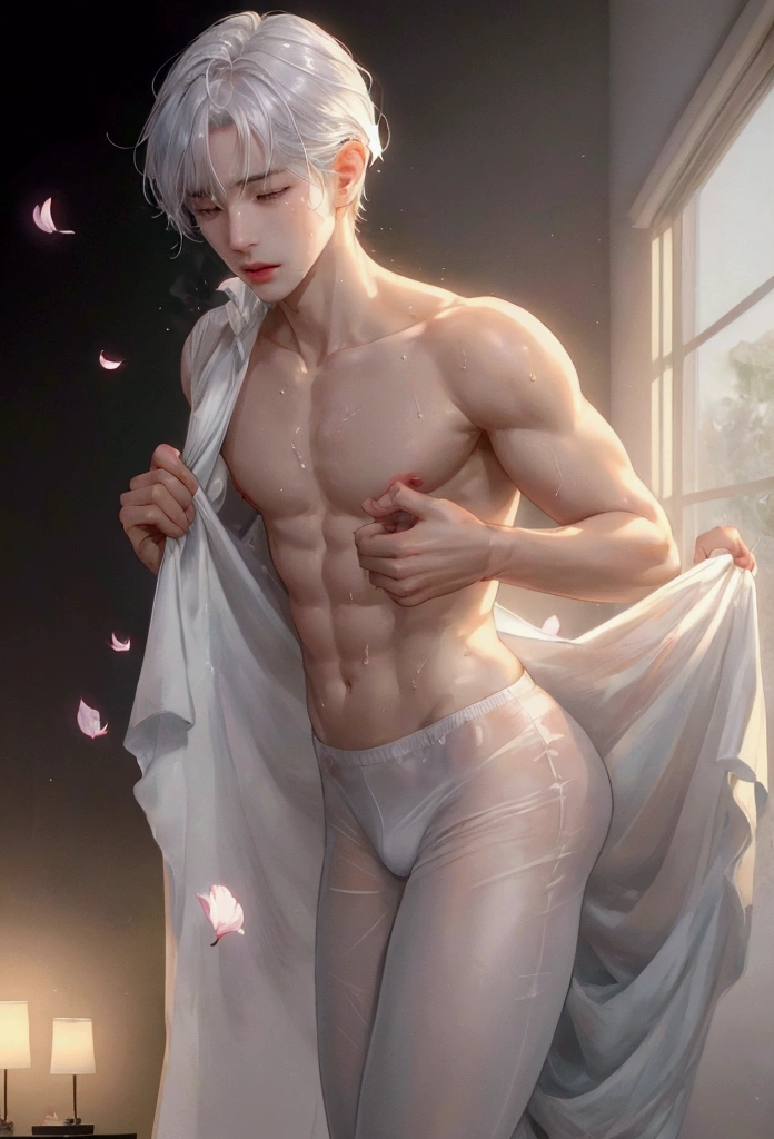 male，Work out on the big white bed，Handsome facial features，summer，Wet body，Wet body，Sweat，Exposure，full，Upturned hips，Translucent pants，full of force，Short white hair，muscular，muscular的胸部，No pants，Slender legs，Fluttering petals，masterpiece, best quality, (Extremely detailed CG unity 8k wallpaper), (best quality), (Best Illustration Award), (The best shadow), absurd, Realistic lighting, (abyss), Beautiful and delicate light, Artworks by Peter Mohr Bacher,
