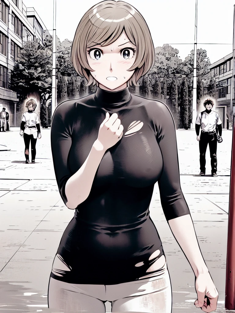 (野球uniform:1.2),
blonde, (short hair:1.2),Long sleeve, Black Shirt, turtleneck,White trousers、uniform、Black belt、((Illustration of a person))、big 、Muddy、Soil stains、ドロドロのuniform、
View your audience,, (Highest quality:1.3),One Girl, White pants、uniform、Outdoor、baseball ground、ground、soil、blue eyes、Tight black shirt、(masterpiece、Highest quality)、Highest quality, Ultra-high resolution, (((masterpiece))), alone, Sweat、big eyes、big Breasts、Torn clothes、 Fully exposed、Nipples、One Girl, Front view、Embarrassed face、Bronze colored hair、((short hair))、Stand up straight、Cowboy Shot