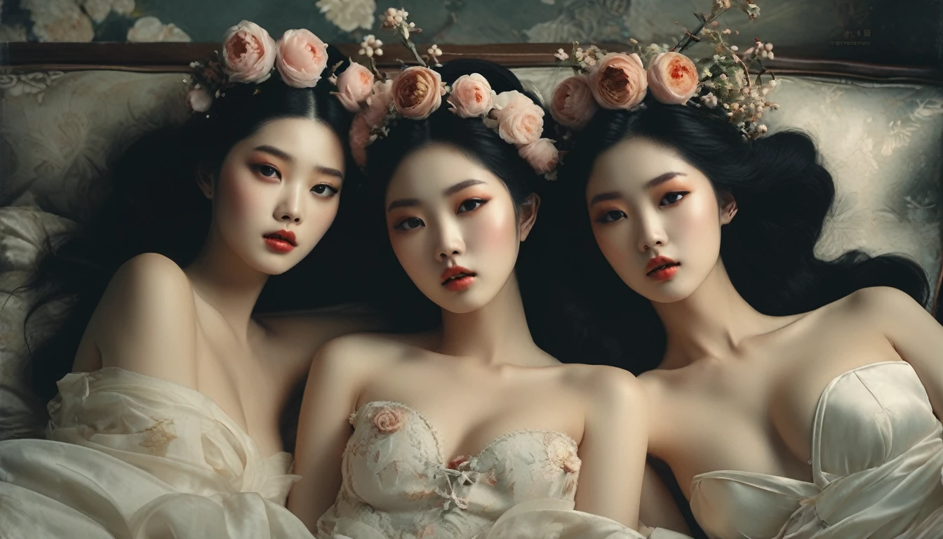Two women in bra laying on a bed with flowers, kissing, inspired by Yanjun Cheng, yanjun chengt, painting, inspired by Wang Duo, inspired by Chen Yifei, roberto ferri and ruan jia, girls resting, two models in the frame, two girls, inspired by Fenghua Zhong, inspired by Zhang Xuan, by Dai Xi a close up of a woman with a flower crown on her head, asian features, jinyoung shin, inspired by Yanjun Cheng, traditional art, korean artist, gorgeous chinese model, yanjun chengt, fanart, by Ni Tian, beautiful south korean woman, official artwork, by Wu Bin, wenfei ye, popular south korean makeup, a young asian woman absolutely abstract Retro vintage art print, sexy, glamorous pin-up girl wearing a sailors hat, bikini, A painting of a woman wife ((golden ratio}} laying on the sofa after a long night on the town, a painting, a Beautiful expressive painting, malcolm liepke painting, glossy painting, beautiful digital painting, digital art painting, Fine paintings, monochromatic. malcolm liepke oil painting, impressionist painting.Spread your legs apart, beautiful and delicate face, fair skin