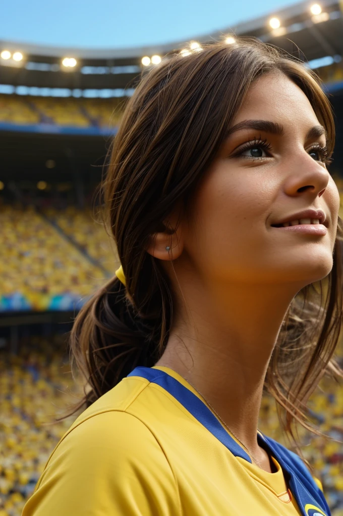 Image Disney Pixar woman with brown hair in the Colombia fan stadium with a yellow shirt marked on the back with the name Olga and the number ten 