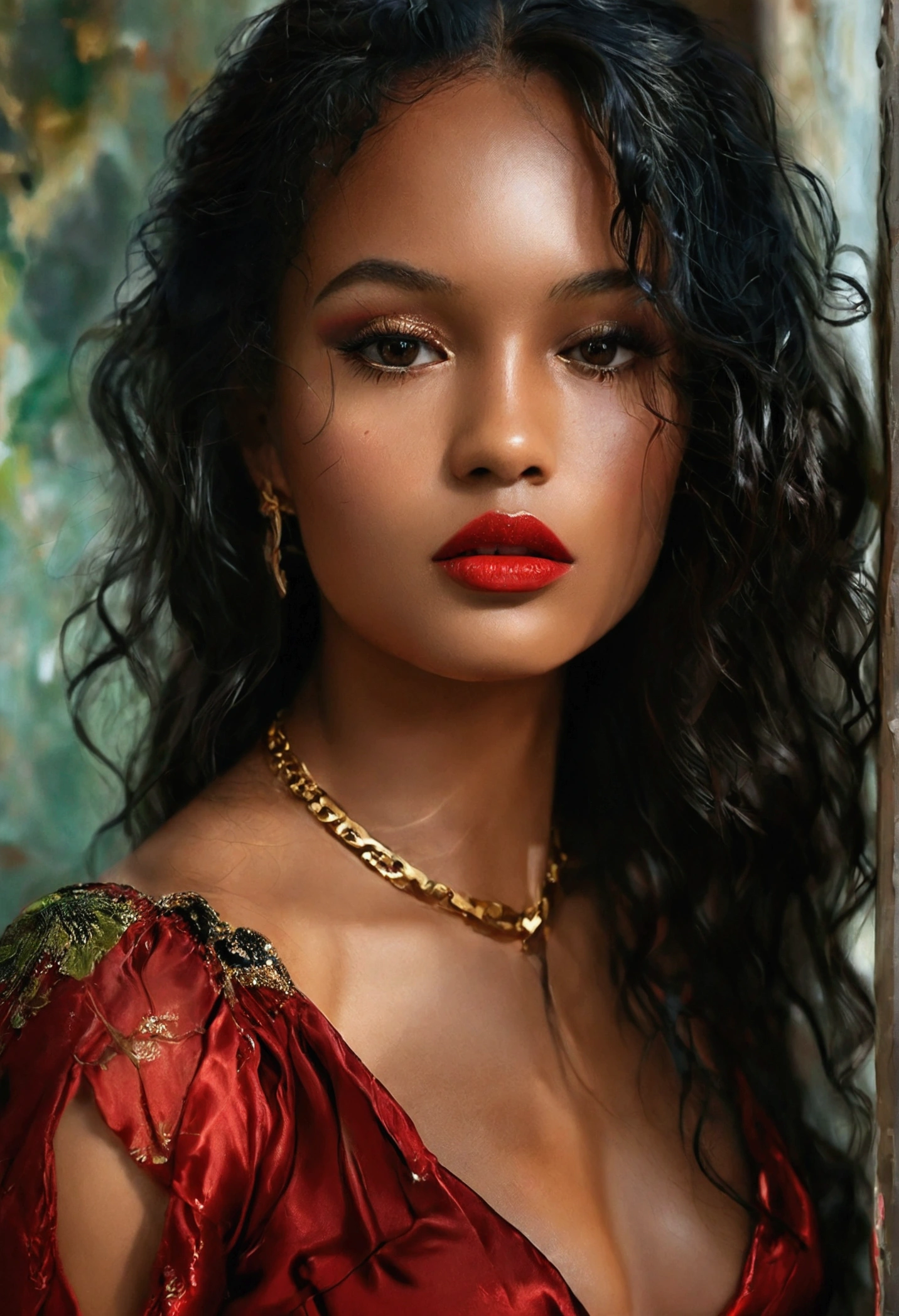 Hyperrealistic portrait of a woman known as "That&#39;s it". She has long hair, wavy and jet black, shining under the light. His eyes are big and green, with an intense and penetrating look. Her skin is a soft olive tone., flawless and radiant. Her lips are full and naturally red., contrasting with your skin. She wears a tight red silk dress that accentuates her curves, showing its elegance and sensuality. On his left wrist, a gold bracelet. Her nails are perfectly manicured and painted a deep red. Her eyes are lined with smoky makeup that highlights her look.. The background is neutral, to focus all attention on your figure and expression.
