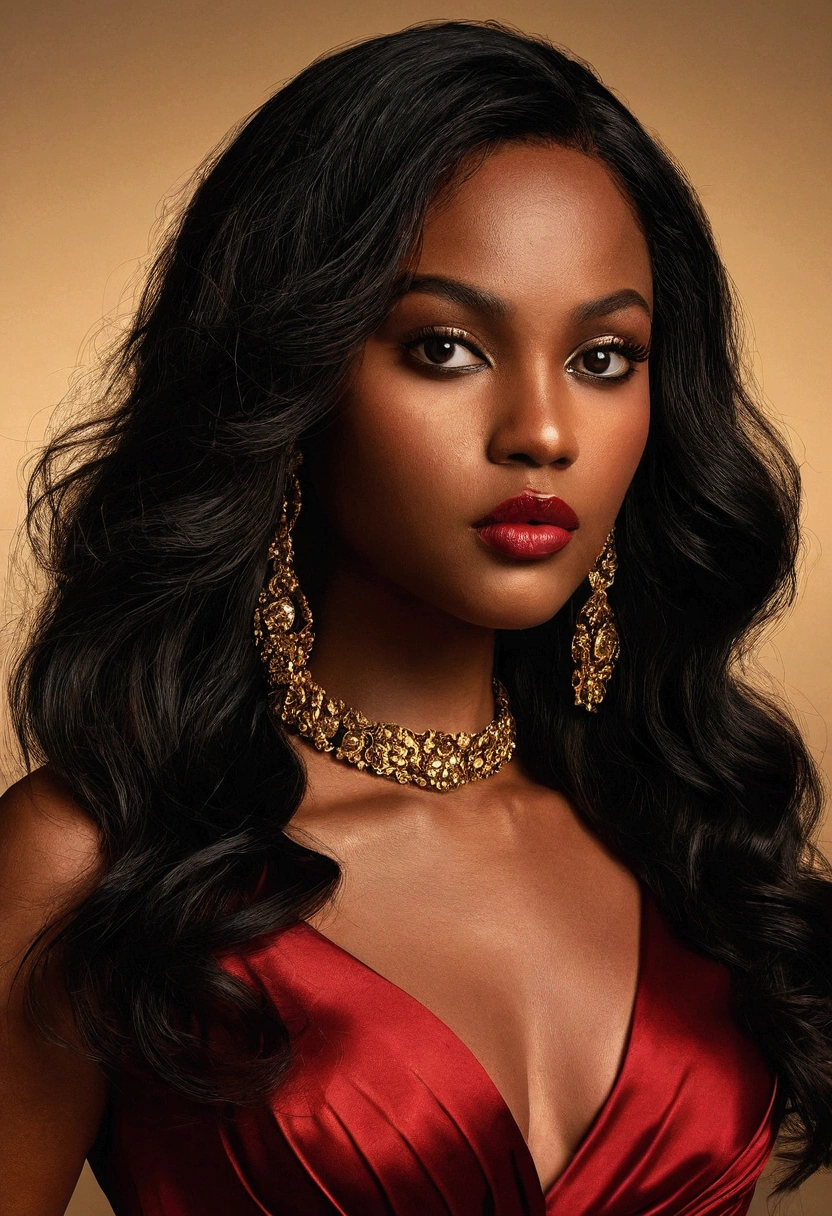 Hyperrealistic portrait of a woman known as "That's it". She has long hair, wavy and jet black, shining under the light. His eyes are big and green, with an intense and penetrating look. Her skin is a soft olive tone., flawless and radiant. Her lips are full and naturally red., contrasting with your skin. She wears a tight red silk dress that accentuates her curves, showing its elegance and sensuality. On his left wrist, a gold bracelet. Her nails are perfectly manicured and painted a deep red. Her eyes are lined with smoky makeup that highlights her look.. The background is neutral, to focus all attention on your figure and expression.