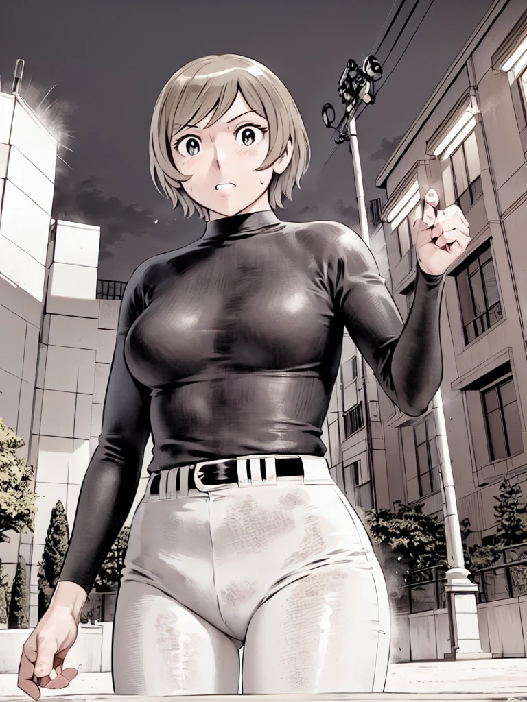 (野球uniform:1.2),
blonde, (short hair:1.2),Long sleeve, Black Shirt, turtleneck,White trousers、uniform、Black belt、((Illustration of a person))、big 、Muddy、Soil stains、ドロドロのuniform、
View your audience,, (Highest quality:1.3),One Girl, White pants、uniform、Outdoor、baseball ground、ground、soil、blue eyes、Tight black shirt、(masterpiece、Highest quality)、Highest quality, Ultra-high resolution, (((masterpiece))), alone, Sweat、big eyes、big Breasts、Torn clothes、 Fully exposed、Nipples、One Girl, Front view、Embarrassed face、Bronze colored hair、((short hair))、Stand up straight、Cowboy Shot