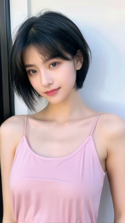 One girl,summer,Inside the room,Standing in front of the bed,Black Hair,,Very Short Hair,Navy Blue,Tank top,Chest line,Small swelling in the chest,A big smile,6th grade elementary school,Japanese,single eyelid,Neat face,Honey,front,Look here,transparent, Soft Light,(masterpiece, Highest quality), Structure of the film, Like a movie