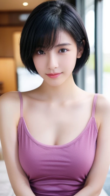 Highest quality、Japanese women、The most beautiful woman in the world、sexy、Blue-black hair color、Short Hair Style、Small face、Beautiful skin、evening、Large breasts、Realistic、Hair-brushing pose、Pink Tank Top