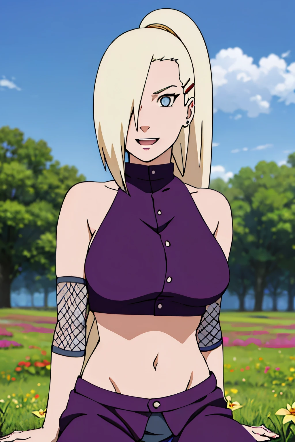 (sitting), Ino yamanaka, looking at the viewer, gorgeous, attractive, groin, cowboy shot, ultra detailed face, sunny day, day time, upper body view, anime style, solo, detailed flower field, blonde, (focus on face), ((one eye covered with hair, hair over eye)), medium breasts, belly button, looking at the viewer, thick arms, (off-shoulders, wide shoulders, curving body), hidden eye, smile, open mouth, very happy, tall, hair clip, sharp look, sharp face, sharp eye, cold colors,