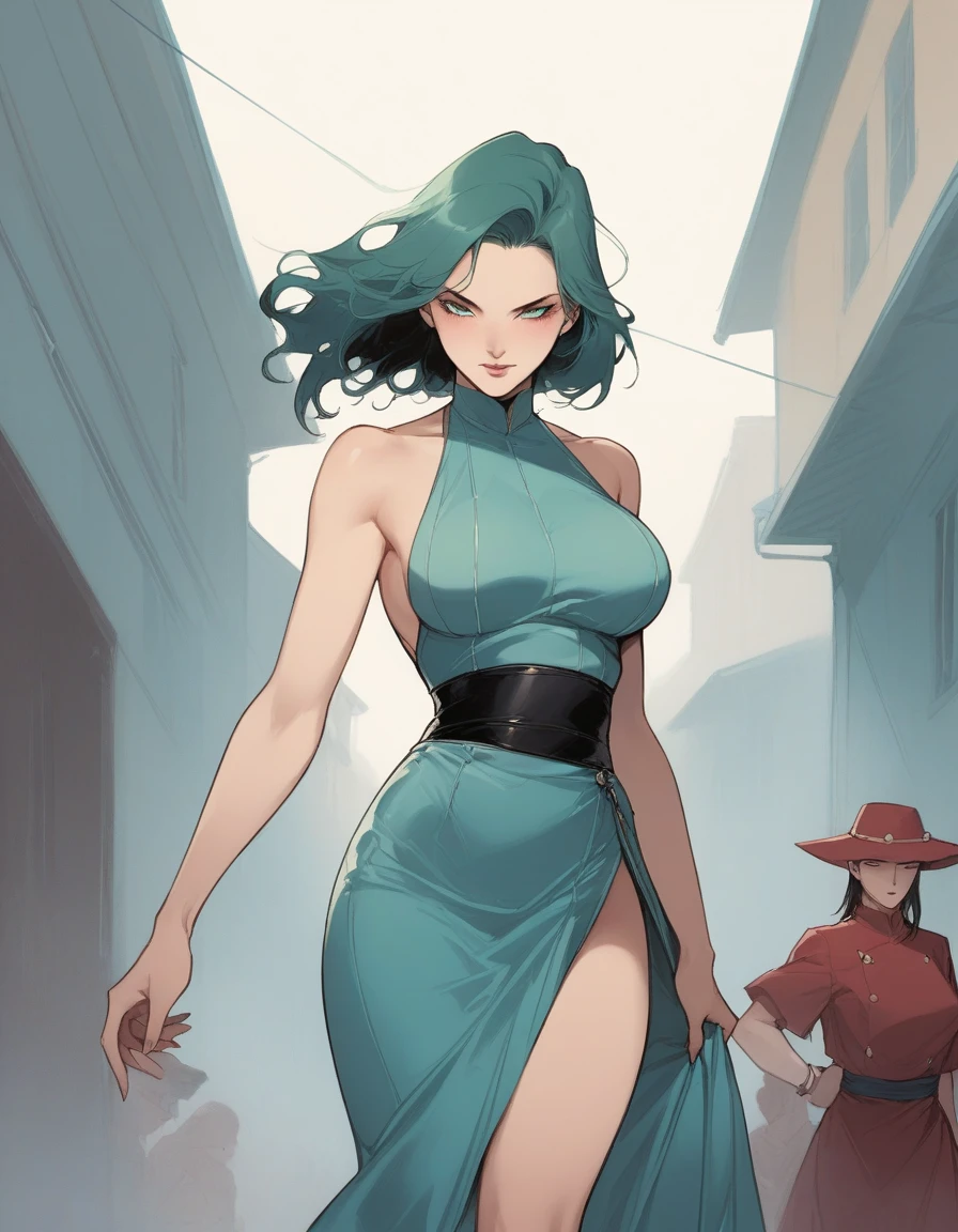 em uma rua iluminada com uma Bugatti atrás Illustration in styles of Harrison Fisher, Jeremy Mann, Alexandre Cabanel, and Tomer Hanuka, of a stunningly beautiful lady sexy big big tits decote em V Cassandra girl Power fênix + sarada Naruto clad in an elegant dress, em seus pés with the contradiction of men's sandália, atmosphere that balances the delicate and the rugged, soft pastel hues for the dress red blue Green contrasting their sturdy, leather exterior, textures that interplay tone as if at