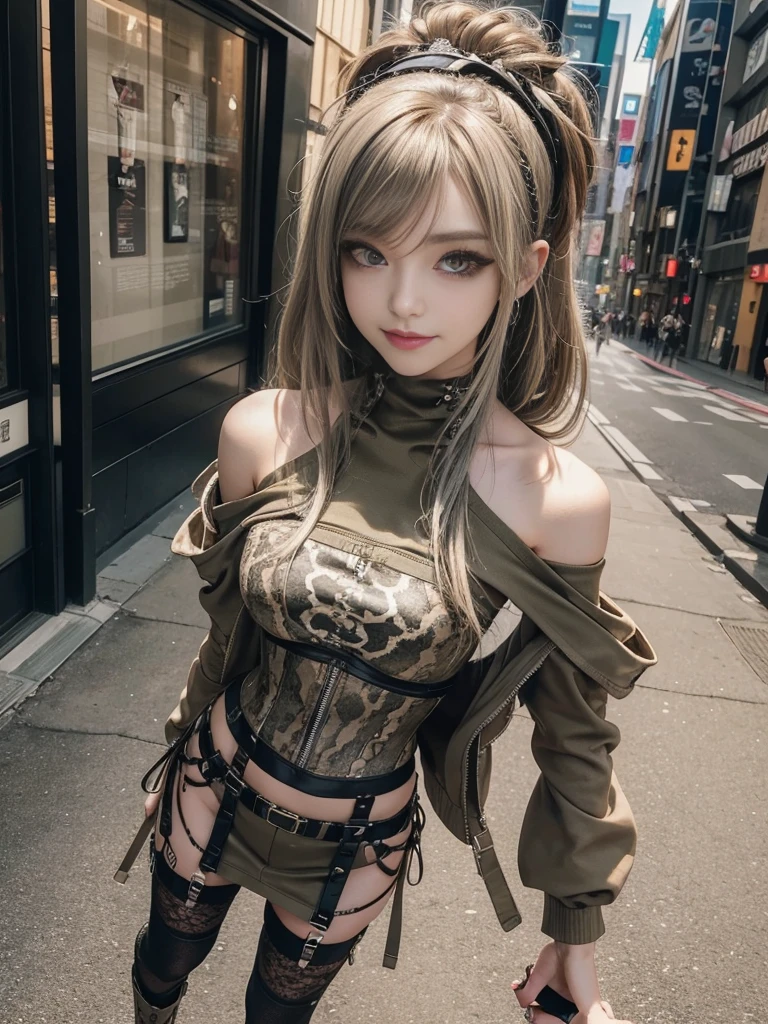 (Smiling with teeth showing:1.3),(Shibuya Gal:1.5)、(Beautiful:1.5)、(Neo-goth fashion:1.5)、(Punk RockVisual Kei:1.5)、(An off-the-shoulder hoodie in khaki and brown with delicate silver accessories.:1.5)、(A corset with a delicate beige and brown design:1.4)、(Dark grey, khaki and brown snakeskin bodysuit:1.5)、(Snake print headband:1.3)、(Beige and charcoal knee socks:1.4)、Embellished collar and long boots、(I'm selling snake print underwear.:1.4)、(Long eyelashes:1.3)、(20-year-old)、((Highest quality、8k、masterpiece:1.3))、1 Female、Slim and beautiful abs:1.3、(hairstyle casual、Beautiful boobs:1.1)、(Doing an aerobics pose:1.3)、dress:1.1、Super small face、Narrow eyes、double eyelid、A sloppy smile、Esbian all over、Dynamic Angle、Close-up、CPL Filter、Blurred Background、Bokeh、Blue Hour、Detailed face and skin texture、Detailed eyes、,(Twin tails:1.3)、(Black brown hair:1.3)、Gravure idol、(The background is a glamorous dance hall:1.3)、(Make your legs thinner:1.4)、(Slim body:1.3)、(clavicle:1.1)