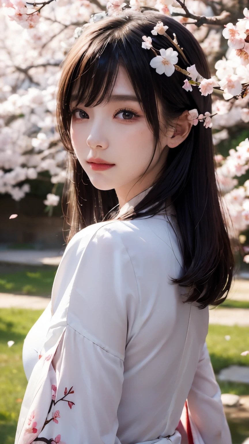(logo、masterpiece、8K、table top、raw photo、fantastic、best quality、realistic、very detailed CG 통합 8k 벽지、high quality、very detailed、epic、particle effects、Dynamic effects、depth of field、cinematic light、lens flare、ray tracing)、fancy、 (Beauty 1 person、white japanese clothing、japanese dress、white cherry blossom pattern、white cherry blossom embroidery pattern、black hair、beautiful face、real face、Beautiful eye for detail、beautiful skin)、Hair flutters in wind、hair jump、pink cherry blossom tree、petals are fluttering、sakura blizzard、superb view、Morning glow、with the sun in the background、wind、gods、tusk、myth、vast land、