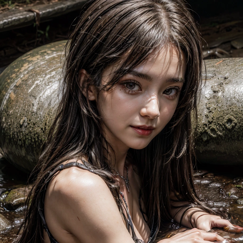 (msterpiece:1.3), (8k, RAW photo, best quality: 1.4), beautiful face, beautiful hairstyle, beautiful detailed eyes, beautiful skin, ultra high res, highly detailed,NSFW, 3 girls in abandoned underground sewer, big breast,facial close up,necklace,arms behind back,evil smile,knife,light long hair, ultra detailed skin,Heavy makeup, flower hairpin, naked,colorful patterned lace dress,half body,muddy water on ground,sitting on a rock