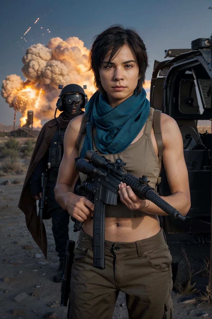 Damon Salvatore(man) stands in the center, gripping his assault rifle, with a desert storm behind him. Damila(woman) with light pink short hair , stands to his right, holding her sniper rifle with a scarf covering her face, eyes focused. Kira(woman) with short blue hair , stands to his left, dual pistols ready, with a determined expression. The sandy, rugged terrain and a backdrop of distant explosions set the scene.