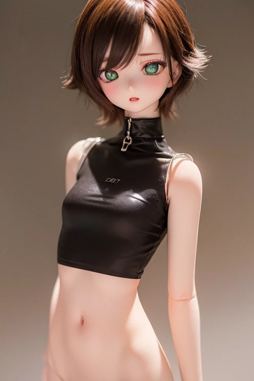 (SFW:2), photorealistic, realistic photo, 8k, ((highest quality)), ((masterpiece)), (extremely detailed), kukolnydom, doll, (female, 20yo, 20 years old:1.6), solo, ((cowboy shot, standing)), skinny, slim, slender, thin body, (naked shirt, navel, parted lips, green eyes, brown hair, plastic skin, looking at another, glass eyes, gradient eyes, shining eyes, detailed eyes:1.3)