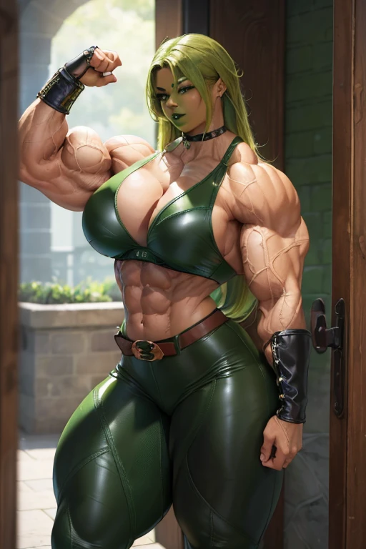 ((((Massive tall, beautiful, buff, light brown skinned muscular woman with green hair, black lipstick, ginormous bulky muscles and wearing a green leather bra and green leather pants)))), (close view), (massive muscles), long curvy hair, ((green leather bra)), orange eyes, choker, (gauntlets), ((green leather pants with a belt)), green boots, (in a beautiful city), (closed smile), night, (massive muscles)