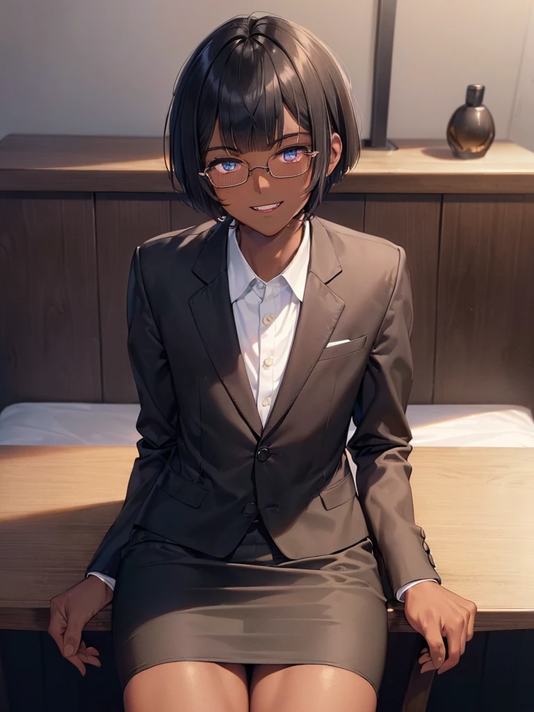 (1 boy:1.5),(dark skin:1.5),(masterpiece:1.2), highest quality, High resolution, unity 8k wallpaper, (fine and beautiful eyes:1.6), highly detailed face, perfect lighting, Detailed CG, (perfect hands, perfect anatomy),20 years old, (black hair:1.3), detailed eyes, best quality, extremely detailed, very precise detailed, (glasses:1.4), , (straight hair:1.5), (evil smile:1.4) ,long sidelocks, (blush:1.3),(short Bobbed hair:1.4),(blunt bangs:1.4), (greaming skin:1.3),(sit:1.4),(flat chest),(business suit),(open mouth),pencil Skirt