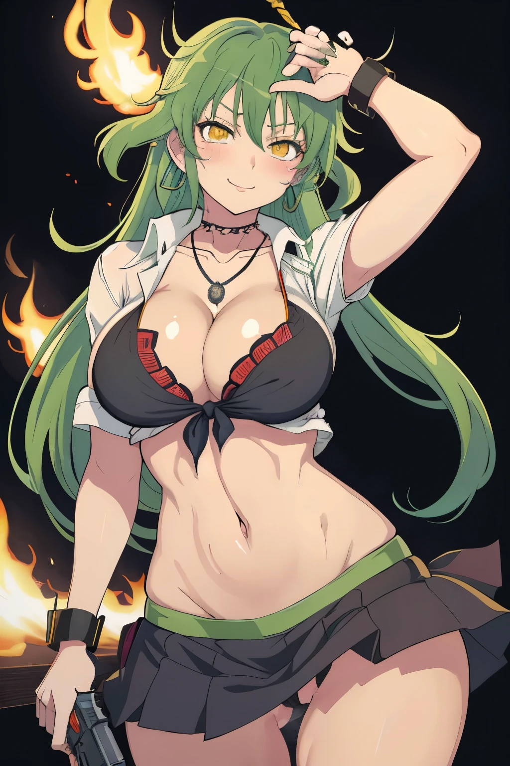 hikage (senran kagura), 1girl, green hair, tattoo, long hair, yellow eyes, large breasts, weapon, earrings, jewelry, holding, blush, lipstick, long hair, crazy eyes ,Hot girl, baddie, crazy, smoking, sensual, attractive, masterpiece, best quality, ((unbuttoned , cleavage, necklace, earrings, sexy body,
breasts)) , micro skirt, smiling, navel , exposed belly, exposed navel,(nsfw) not safe for work,school,knot,
classroom , holding a gun, hold a gun