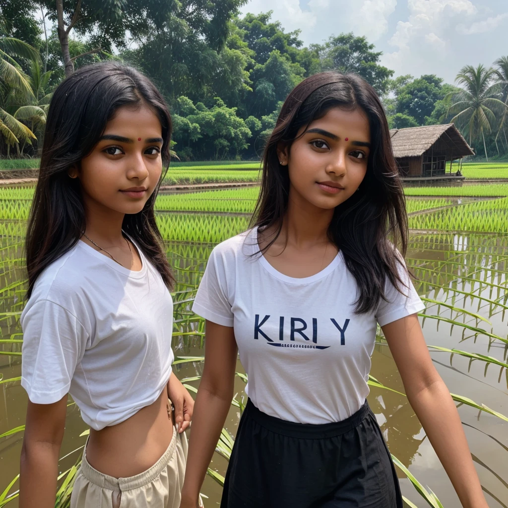 A 18 years old Indian cute girl bend and some people are working in the paddy fields,on the girl is hand paddy fields the girl is wearing a black old kurti and , the work A 18 years old Indian cute boy and some people are working in the paddy fields, the boy is wearing a white T-shirt and the name "Arun" is written on the T-shirt, the work is going on in the month of June July, it is raining, 4K quality pic going on in the full of June July, it is raining, 4K quality picture
