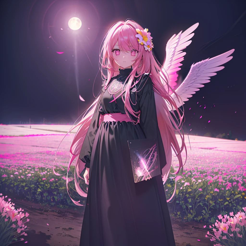 ((((Standing in a flower field)))) (((Long Hair Pink Eyes Pink Hair Black Dress Archangel))) ((night 満moon Western style Shining Aura Face is close Standing in a flower field Close-up)) Broken glass Big ribbon moon star Catch the wind