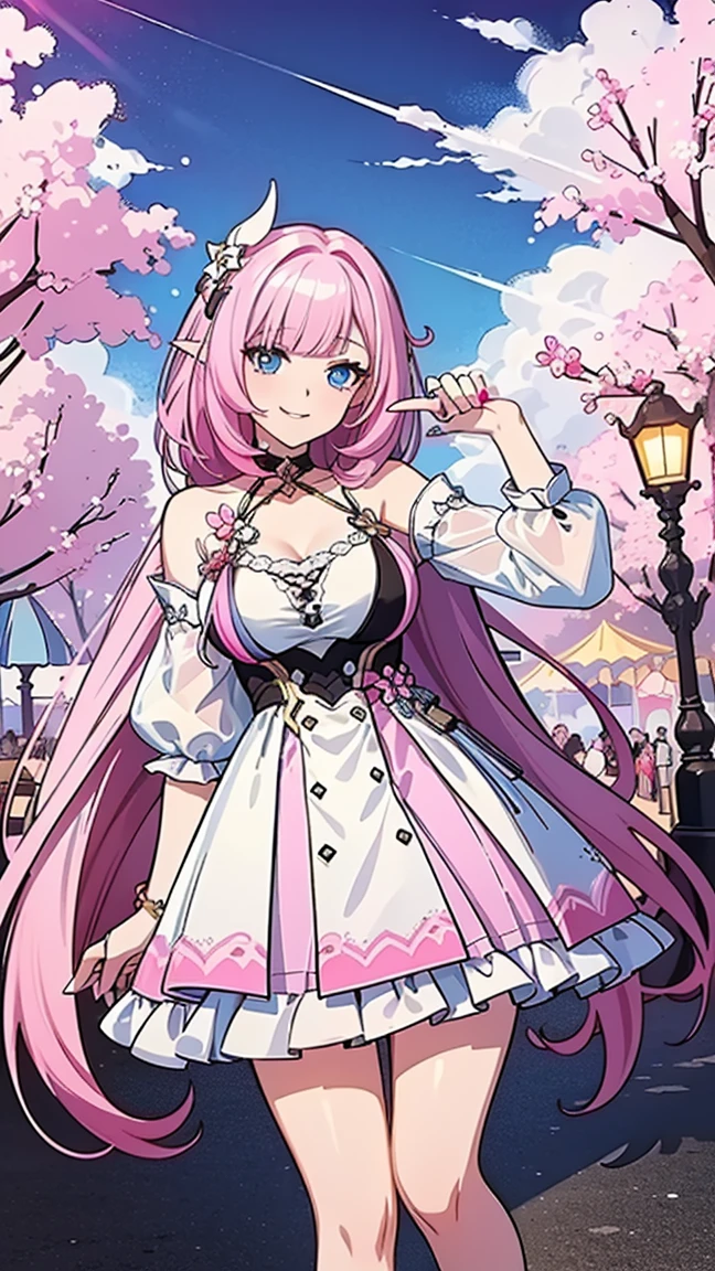 Masterpiece, Super Detail, High Quality, 8K, top quality, one girl, alone, looking at viewer, bangs, elysia, honkai impact , pink hair, light blue eyes, long hair, manicure, hair ornament, (((pink summer dress))), holding up hand, flower, blunt bangs, charming smile, tassel, colorful, amusement park background, ruffles, multi colored hair, ((Above the knees image standing)), beautiful fingers and nails
