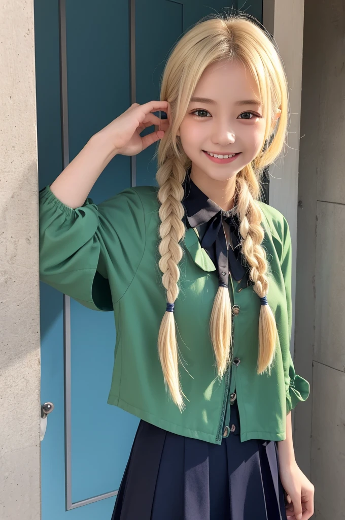 Blonde It is tied with a single braid Green round eyes Vampire Blue Short Jacket Double teeth smile White skin 19 years old Bat wings6枚 吸血鬼 腹出し smile 青いチョーカー 白いサラシ 青いミニスカート 19歳 青いヒール アニメ調 腕2本 足2本