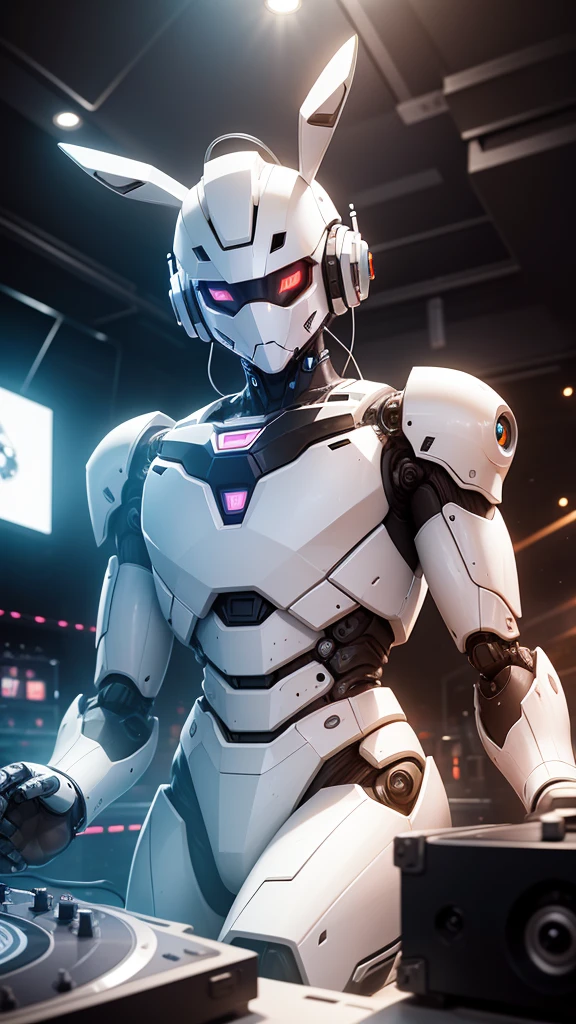 robot rabbit, White color, male gender, portrait photo style, non-human, in a club, playing on a turntable,