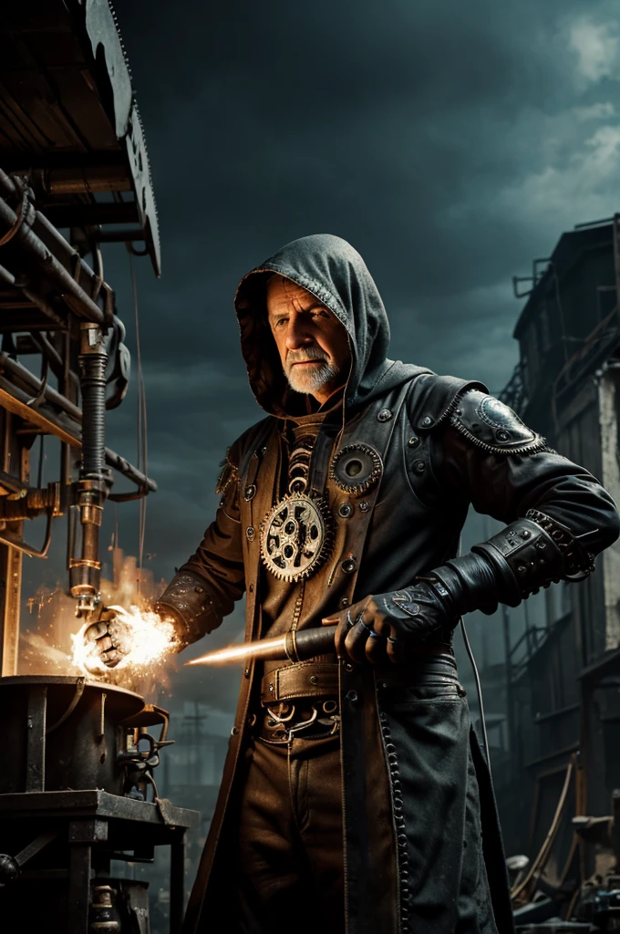 maximum details, cinematic, (abstract art:1.1), dark theme, deep shadow, (1man, wrinkled face, old british male:1.2), wise, turquoise eyes, brown hair, buzz cut,
(style-rustmagic:0.8), portrait, looking at viewer, solo, upper body, detailed background, (ChronomancyAI, chronomancy theme:1.1) maniacal laughter, dynamic pose, dark clouds technomancer, floating metal scraps, black tattered dirty clothes , techwear, gloves with intricate gears, hood, blowtorch, workshop in background, machines, gears, intricate clockwork mechanisms, , anvil,