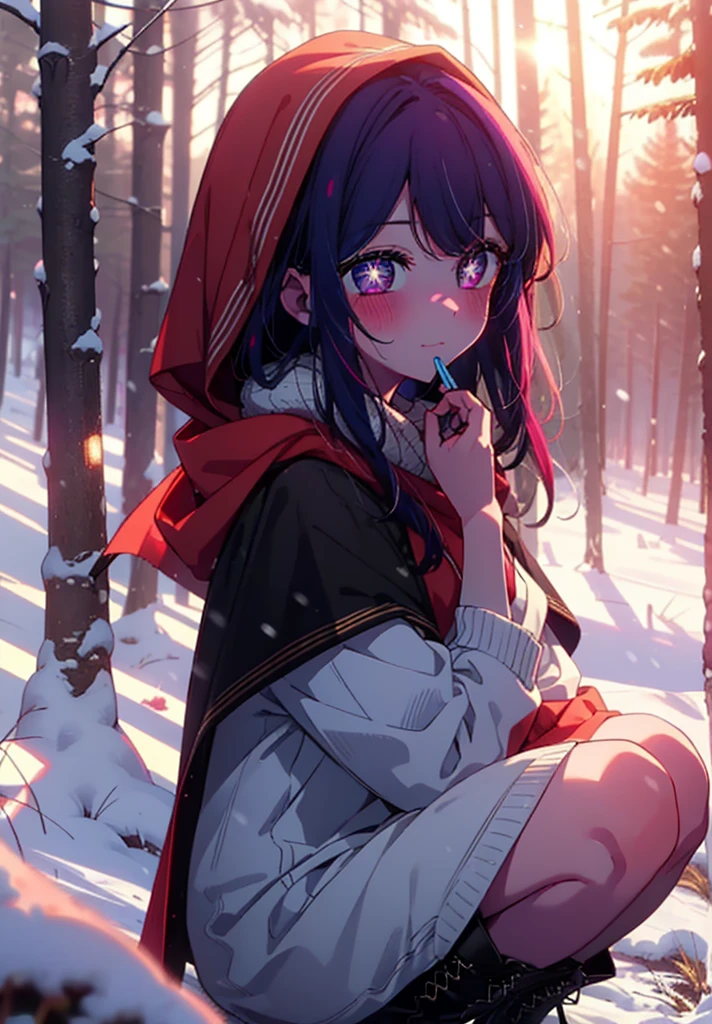 aihoshino, Ai Hoshino, Long Hair, bangs, (Purple eyes:1.1), Purple Hair, (Symbol-shaped pupil:1.5), smile,,smile,blush,White Breath,
Open your mouth,snow,Ground bonfire, Outdoor, boots, snowing, From the side, wood, suitcase, Cape, Blurred, , forest, White handbag, nature, Squat, Mouth closed, Cape, winter, Written boundary depth, Black shoes, red Cape break looking at viewer, Upper Body, whole body, break Outdoor, forest, nature, break (masterpiece:1.2), Highest quality, High resolution, unity 8k wallpaper, (shape:0.8), (Beautiful and beautiful eyes:1.6), Highly detailed face, Perfect lighting, Highly detailed CG, (Perfect hands, Perfect Anatomy),