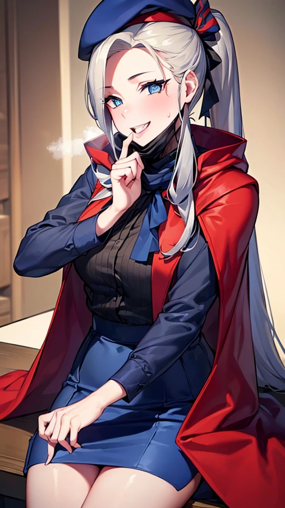 ((((Open your mouth))))、masterpiece,best quality,High resolution,8K, Very detailed,bb Festival,((((( Captivating smile ))))),(((( Perfect Fingers )))) , Blonde, (Slicked back hair:1.2), amount, Long Hair, High Ponytail, (Red Beret:1.2), Blue scarf ,Blue compression shirt, Blue glasses, puppet , blue eyes, Highly detailed eyes, Blue sheath skirt, mini skirt, (Red and blue cloak:1.2) , Long Cape, indoor,(Cafe:1.2),((Blowjob Gestures:1.5)),Open your mouth ,Sitting,Chair,Heavy breathing ,Hand in front of your mouth,(Black mask:1.2, mask pull:1.3)、Squint your eyes、Sharp Eye、((steam,sweat、Vulgarity)),(Late Night:1.8, Dark lighting:1.6, dark:1.8, Spotlight)、Heart-shaped pupils