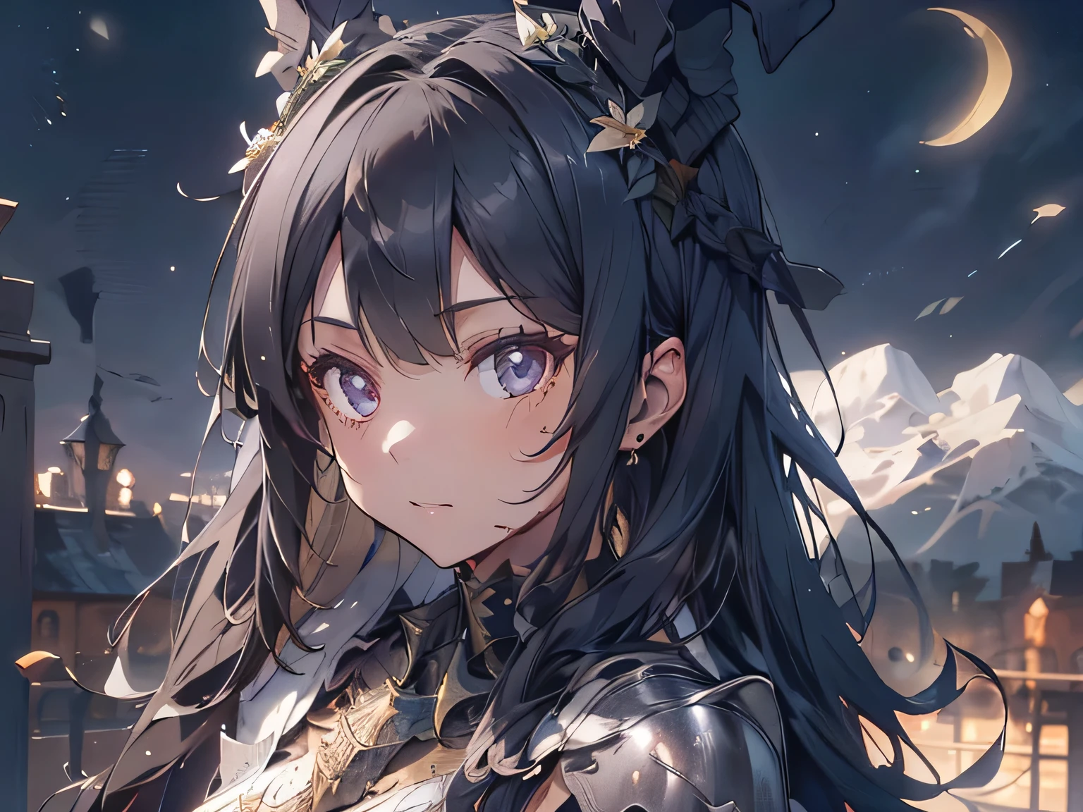 black hair, hair behind ear, head wreath, rabbit ears, anime, sparkle, super detail, high details, ((detailed face)), detailed eyes, textured skin, ((masterpiece)), ((accurate)), high quality, highres, best quality, 8k, Knight in steel armor, Gained military honors, Dust and blood, night, stars, moonlight, On the terrace